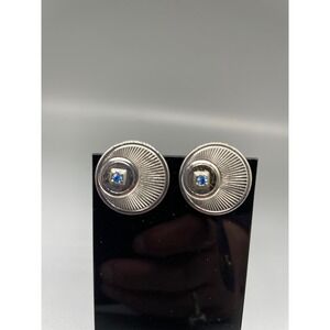 Vintage SilverTone Sunburst Blue Rhinestone Round Toggle Back Cufflinks Mens MCM